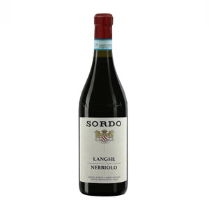 Bottle of Sordo Langhe Nebbiolo wine with a red label and the brand's coat of arms on the label.