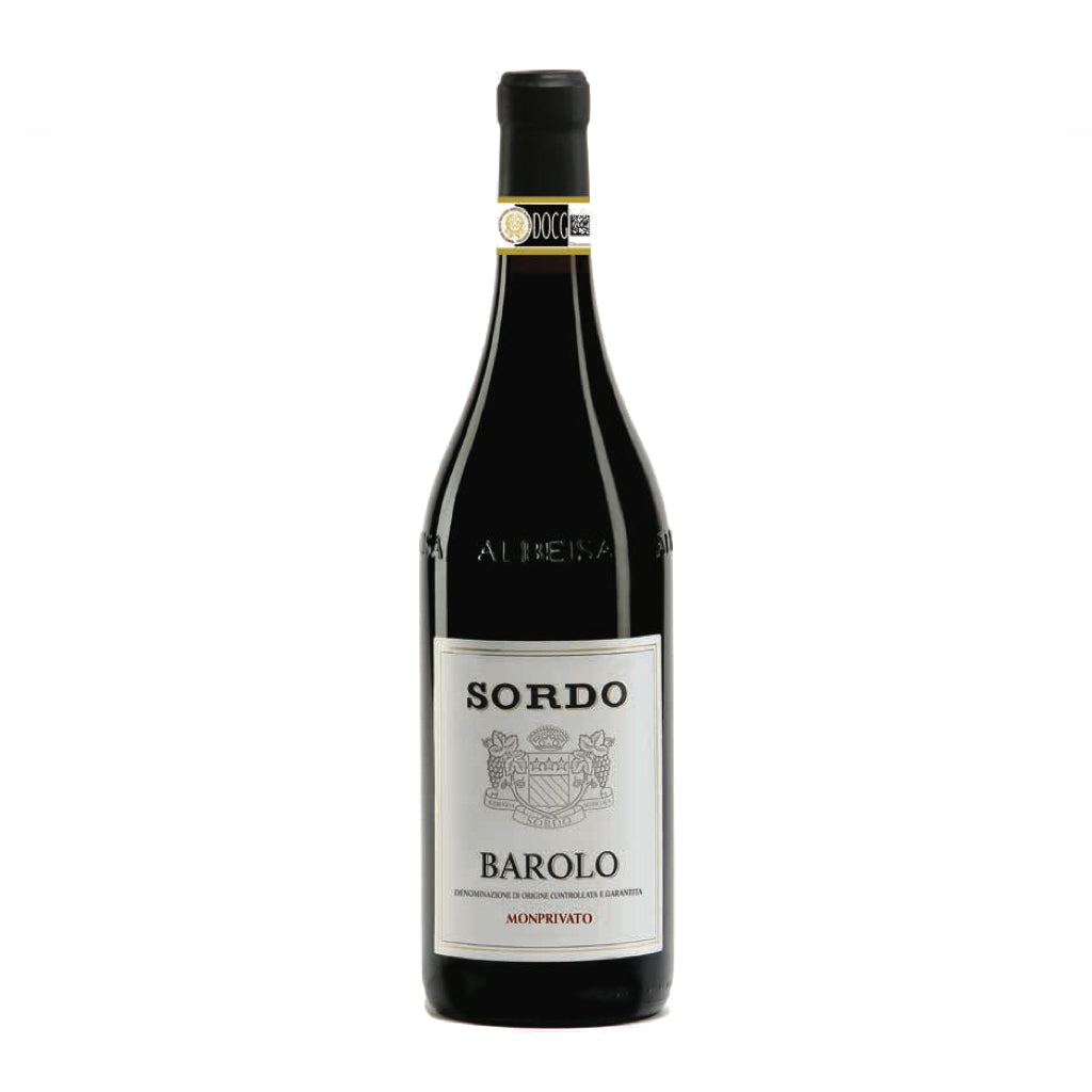 A bottle of Sordo Monprivato Barolo wine with a label that includes the brand name 'Alberta' and the grape variety 'Barolo'.