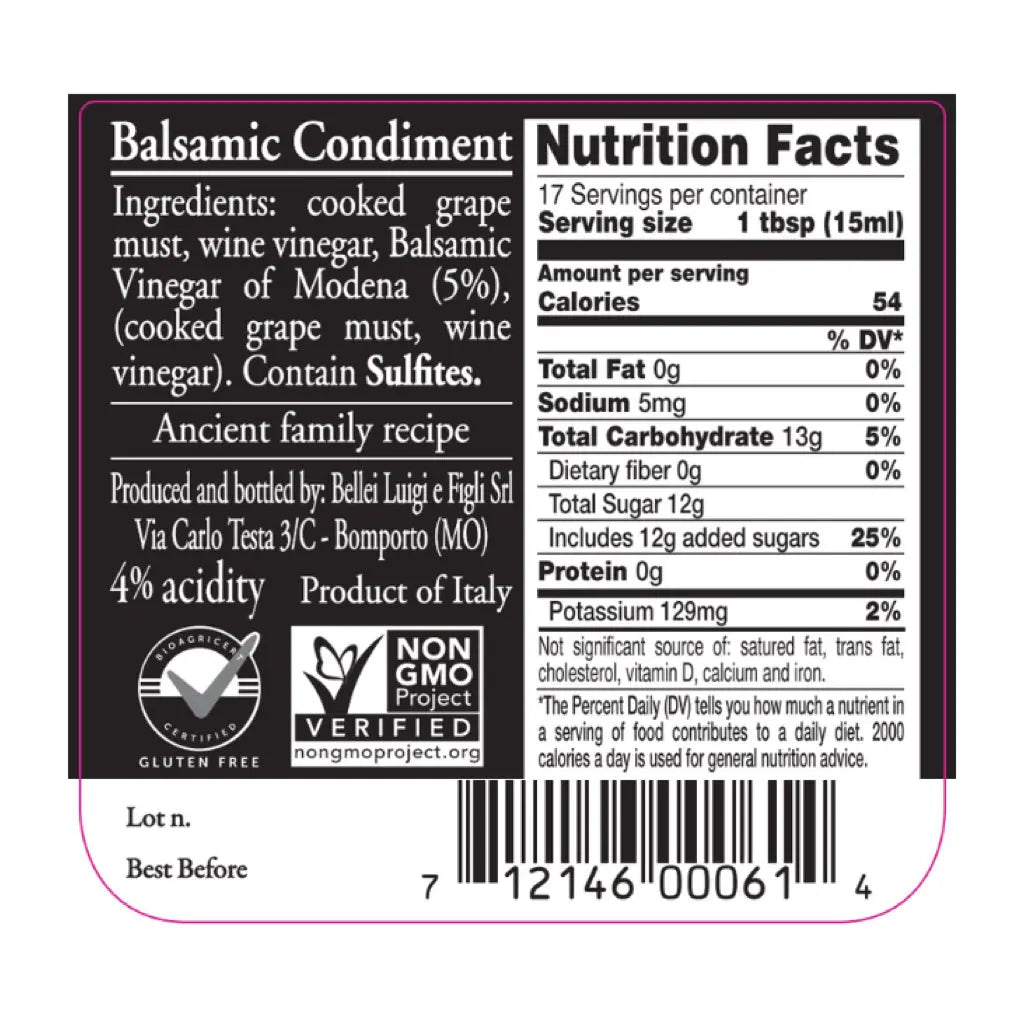nutrition facts of balsamic condiment