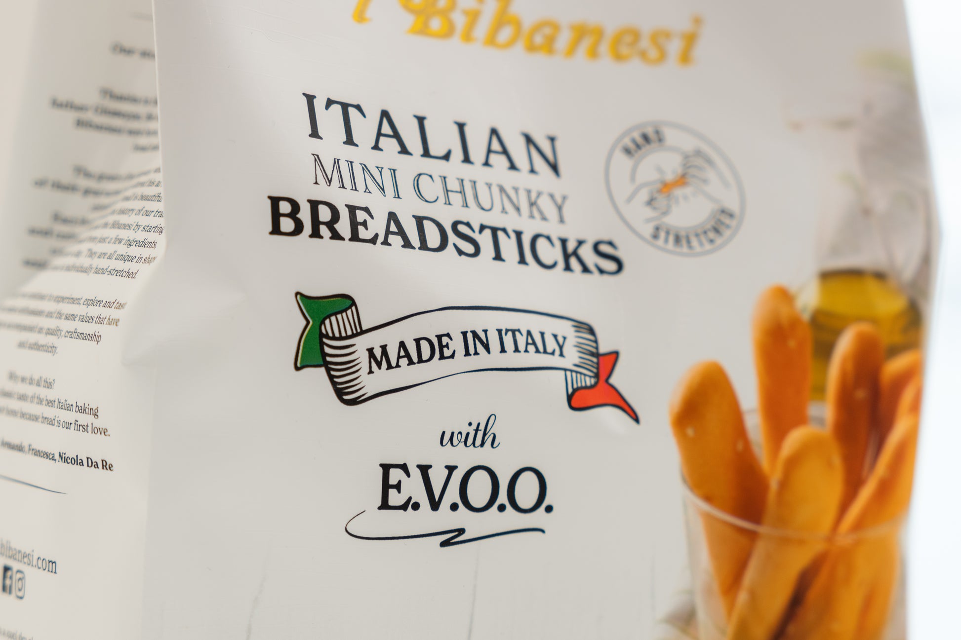 A close-up of a white bag of I Bibanesi Italian Mini Chunky Breadsticks by E.V.