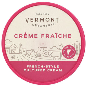 Vermont Creamery Crème Fraçèche container with pink and white design