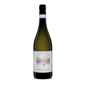Bottle of Torre Raone Trebbiano D'Abruzzo Organic white wine with a label featuring an illustration of a deer and vineyards.