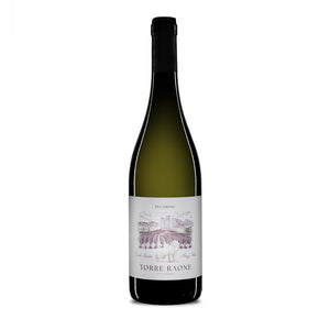 A bottle of Pecorino Organic IGT Torre Raone wine with a label depicting a sheep and a shepherd.