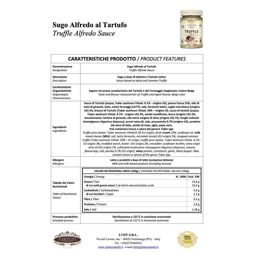 Tartufi Jimmy - Truffle Alfredo Sauce technical sheet/product features