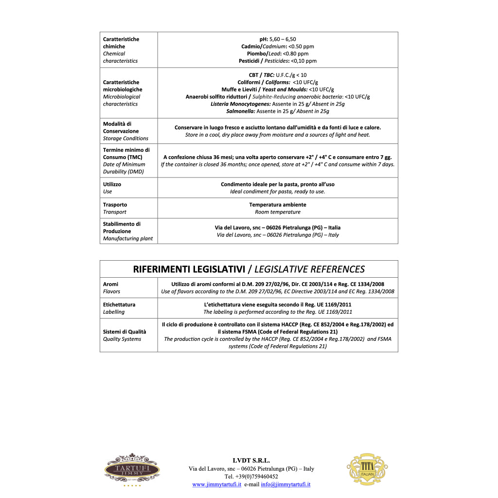 Tartufi Jimmy - Truffle Alfredo Sauce technical sheet/product features and legislative references