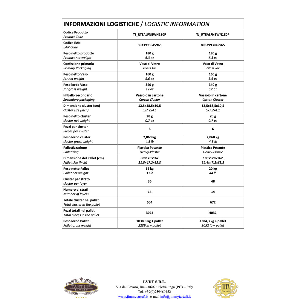 Tartufi Jimmy - Truffle Alfredo Sauce technical sheet/Logistic Information