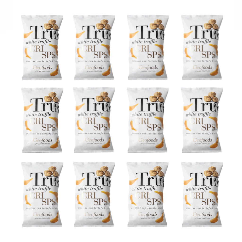 A pack of White Truffle Chips Crisps by Geofoods, featuring an image of the product and truffles on the front.