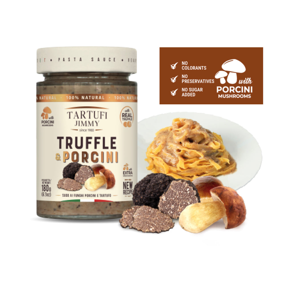 Tartufi Jimmy - Truffle & Mushrooms sauce in a glass jar with pasta, mushrooms and fresh truffles