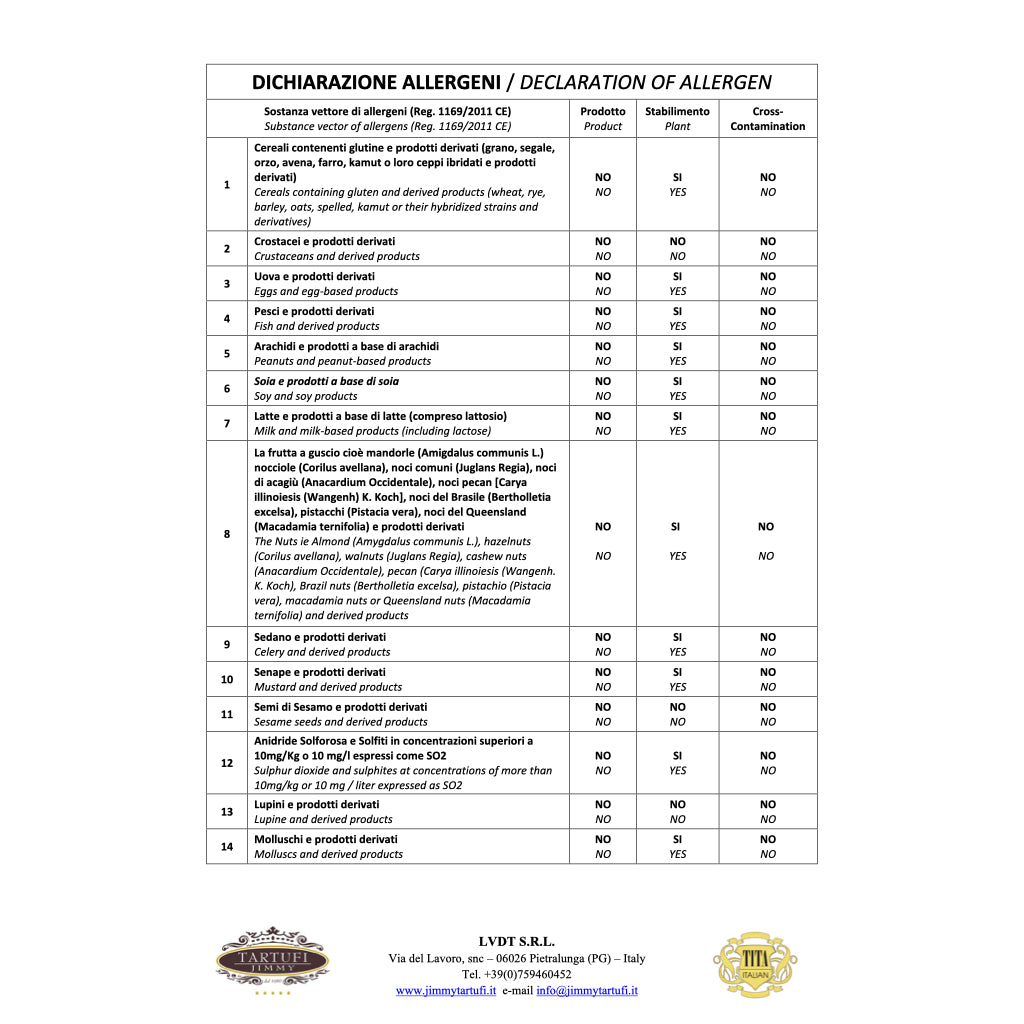 Tartufi Jimmy - Truffle & Mushrooms sauce | Technical Sheet / Allergens
