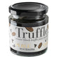A glass jar of Perlé winter black truffle juice in peony, featuring a white label with black and gold text and illustrations, sealed with a black lid on a white background.