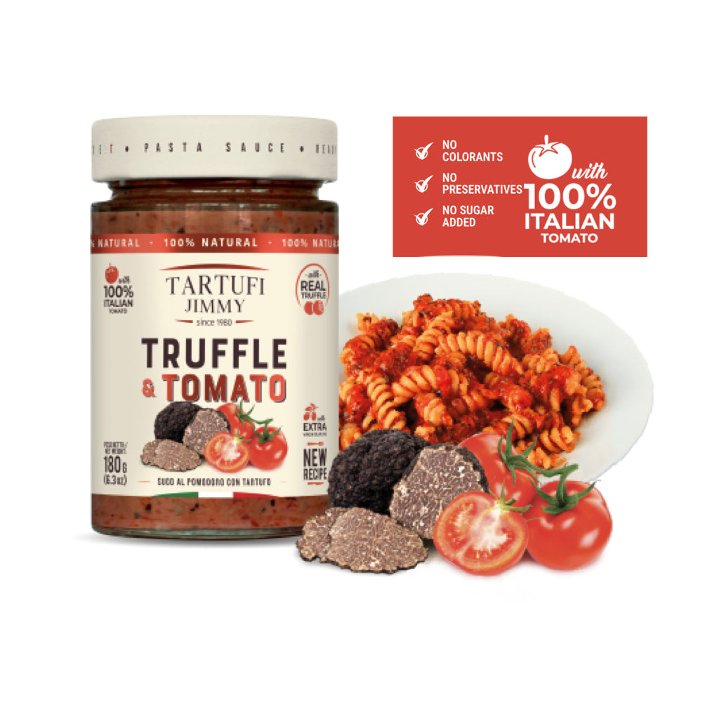 Tartufi Jimmy - Truffle & Tomato Sauce in a glass jar with pasta, tomatoes and truffles