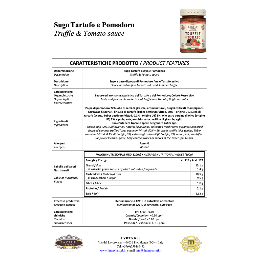 Tartufi Jimmy - Truffle & Tomato Sauce | Technical Sheet / Product features