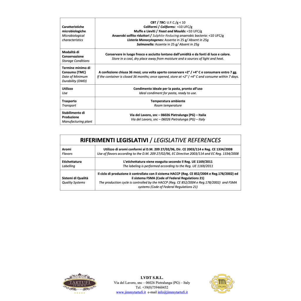 Tartufi Jimmy - Truffle & Tomato Sauce | Technical Sheet/ Product features and legislative references