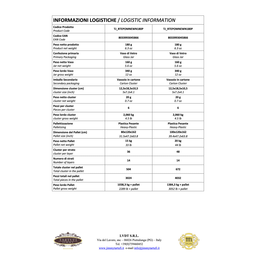 Tartufi Jimmy - Truffle & Tomato Sauce | Technical Sheet / Logistic Information