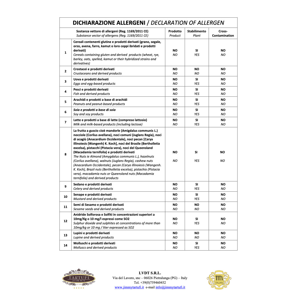 Tartufi Jimmy - Truffle & Tomato Sauce | Technical Sheet / Allergens