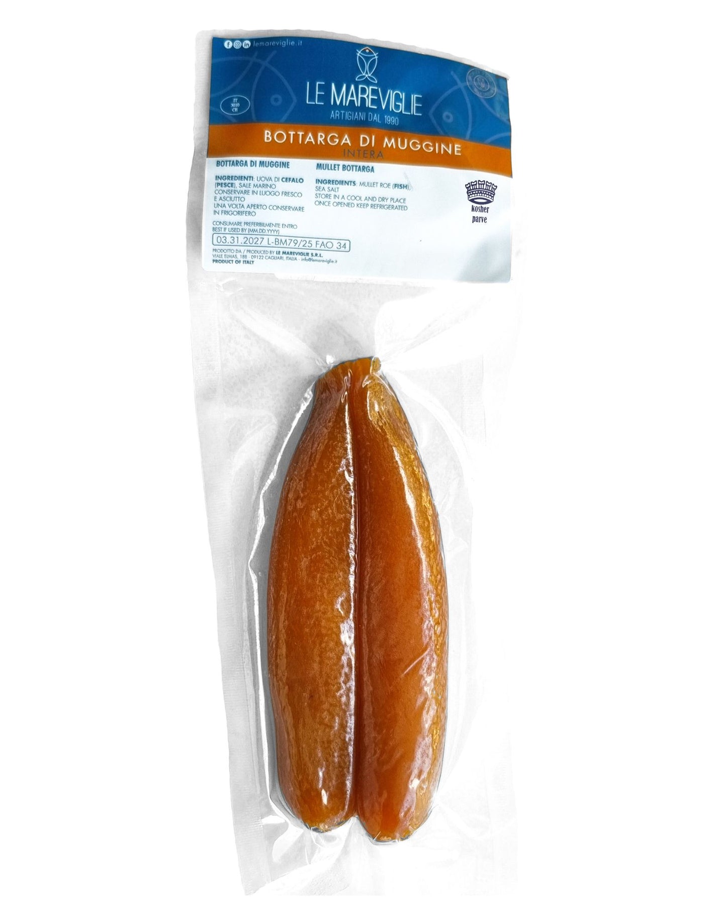 Packaged bottarga with Le Mareviglie branding on a white background kosher certificate
