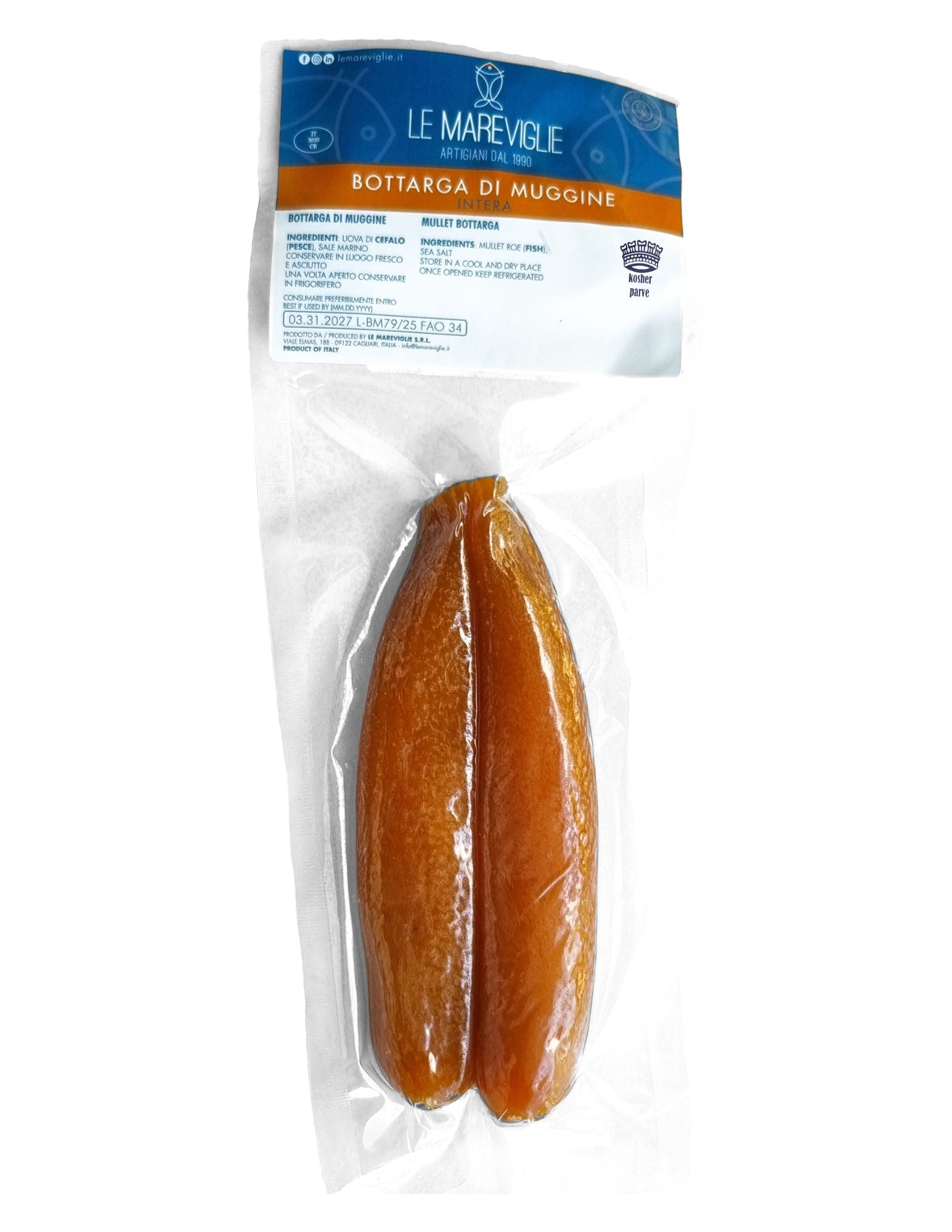 Packaged bottarga with Le Mareviglie branding on a white background kosher certificate