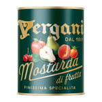 Vergani fruit mustard can with fruit illustrations on a white background