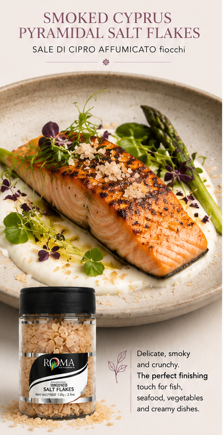 Salmon dish with smoked cyprus pyramidal salt flakes on a plate, accompanied by a jar of salt flakes. Asparaus on the side