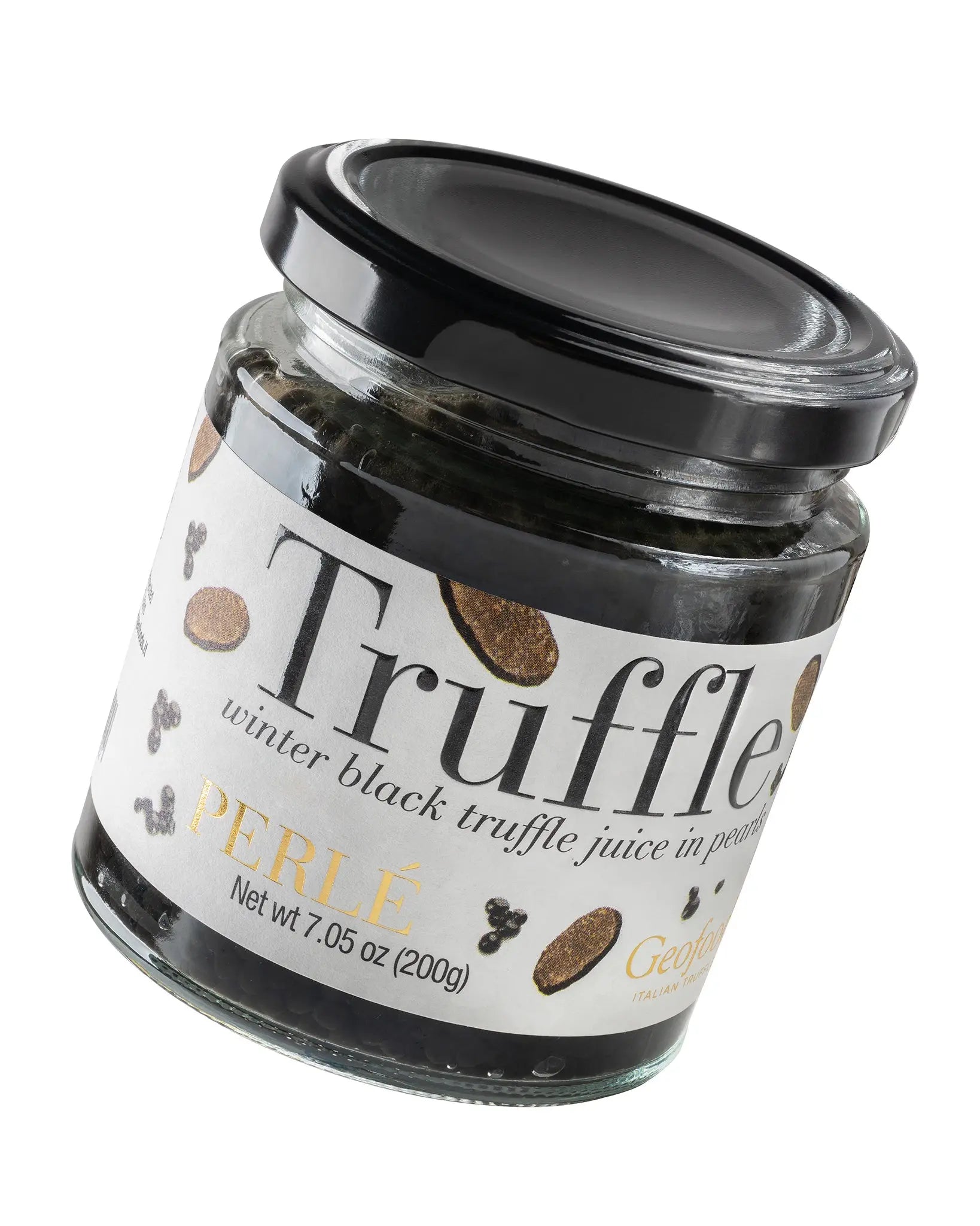 A glass jar of Truffle Pearl winter black truffle juice in premium oil, featuring a black lid and a white label with black and gold text, set against a plain white background.