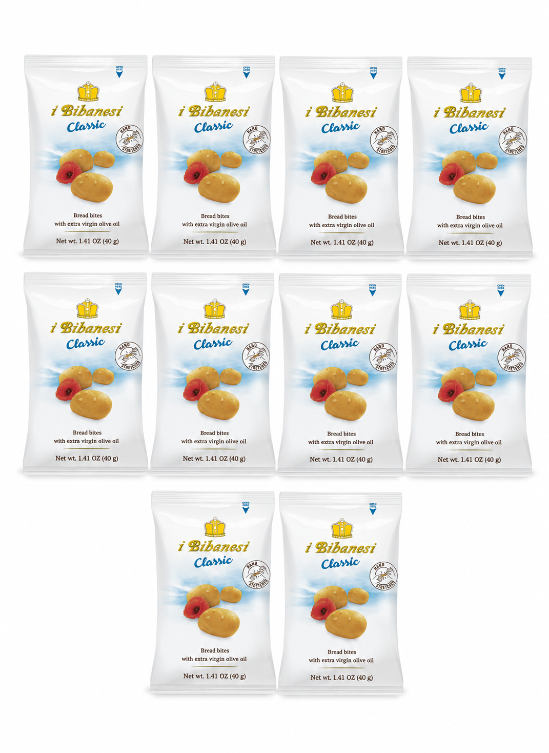 Ten individual packages of i Bibanesi, Clascic breadsticks arranged in a grid on a plain white background.