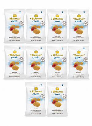 Ten individual packages of i Bibanesi, Clascic breadsticks arranged in a grid on a plain white background.