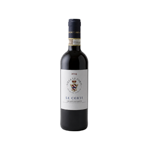 Wine bottle of Chianti Classico labeled 'Le Corti' Chianti Classico on a white background