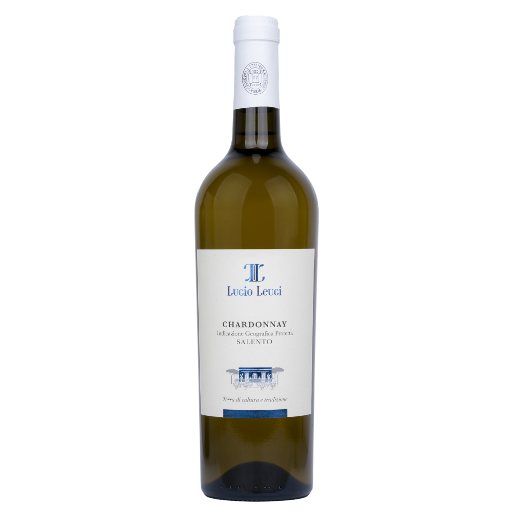 A bottle of Lucio Leuci Chardonnay Kosher white wine, featuring a dark green glass bottle, a white label with blue text, and a white foil cap, set against a plain white background.
