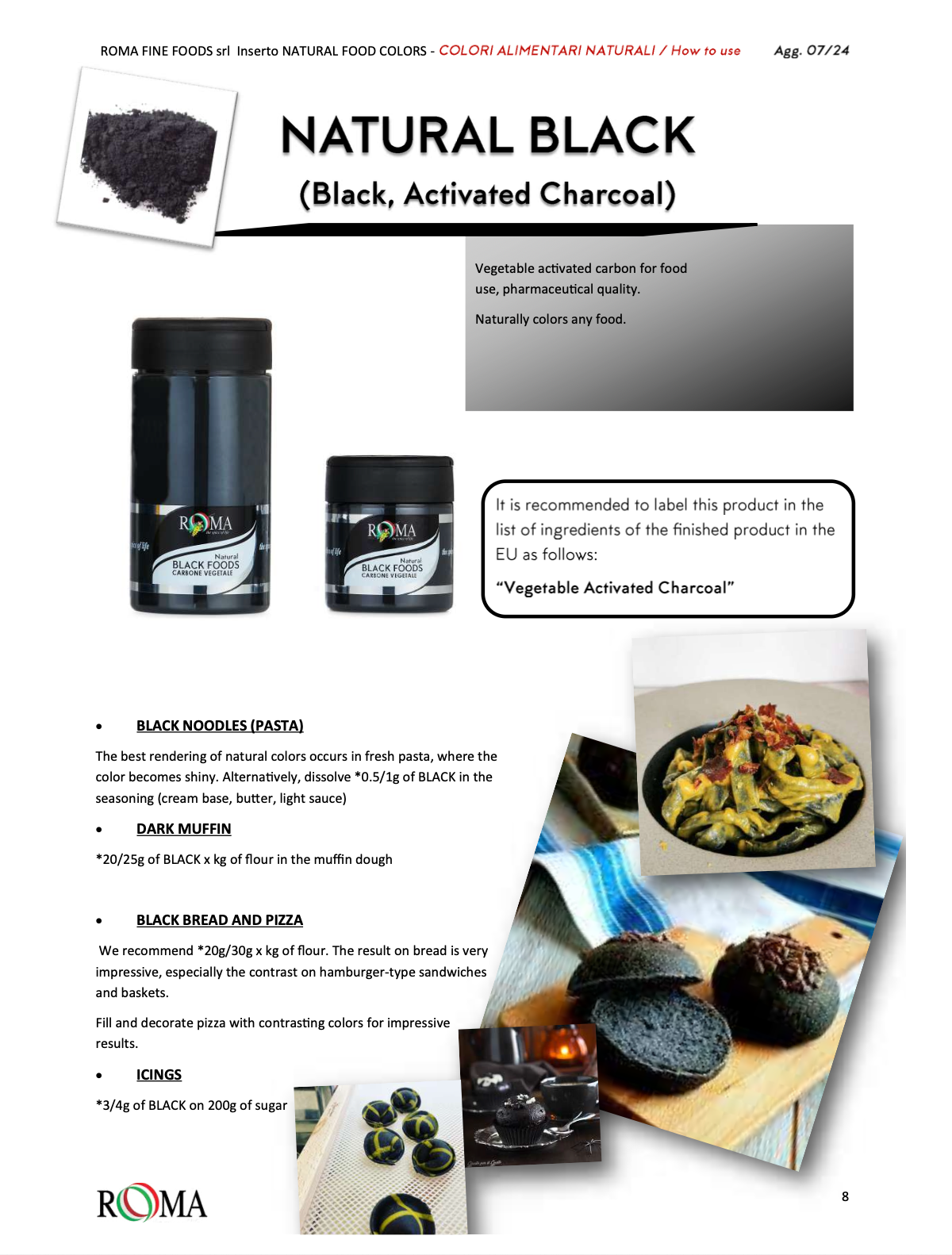 Advertisement for natural black food colorant with product images and text.