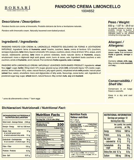 Borsari Pandoro Crema Limoncello packaging with nutritional information and ingredients list.