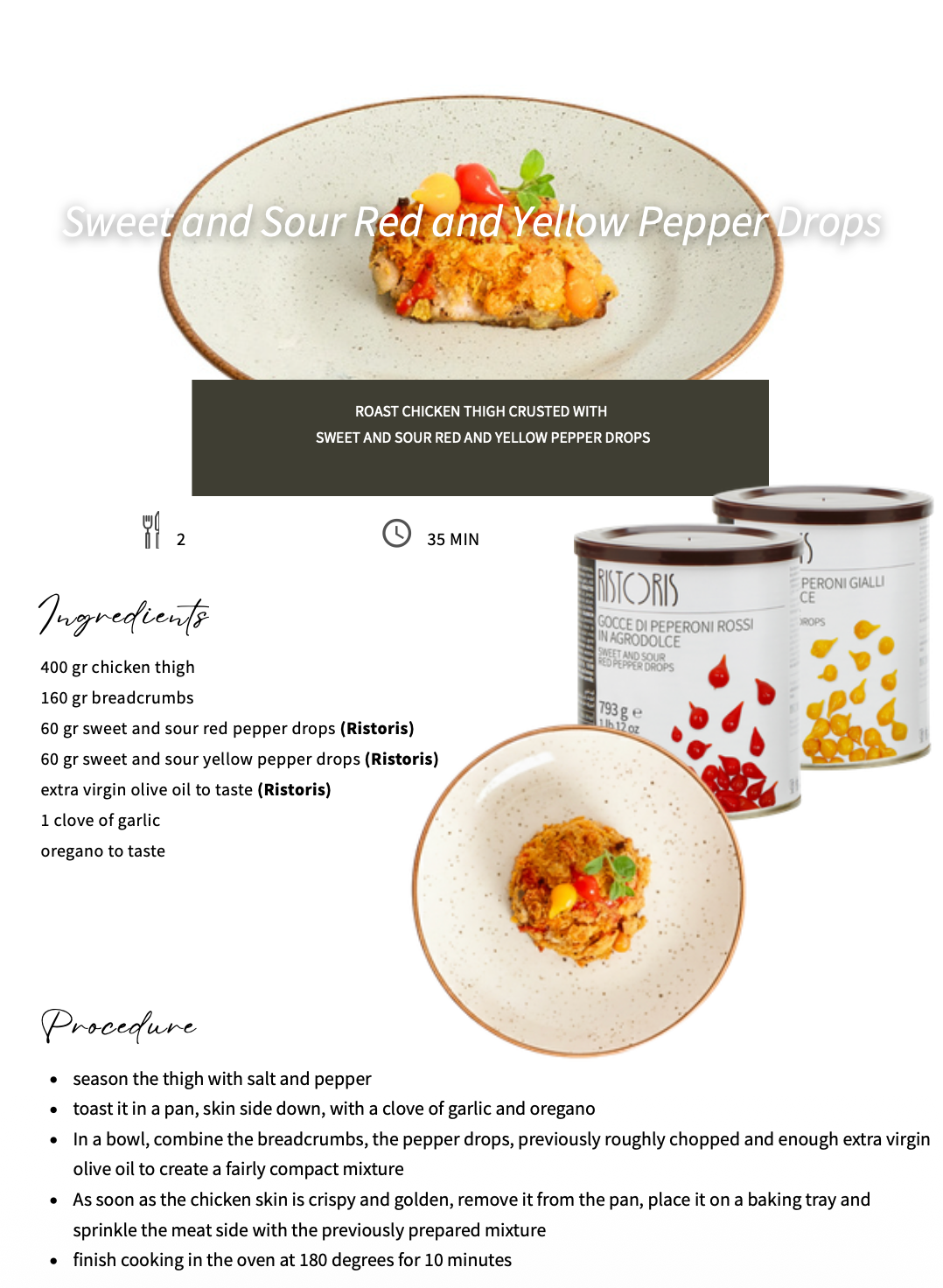 Recipe card for roasted chicken with sweet and sour red and yellow pepper drops, showing ingredients and preparation steps.