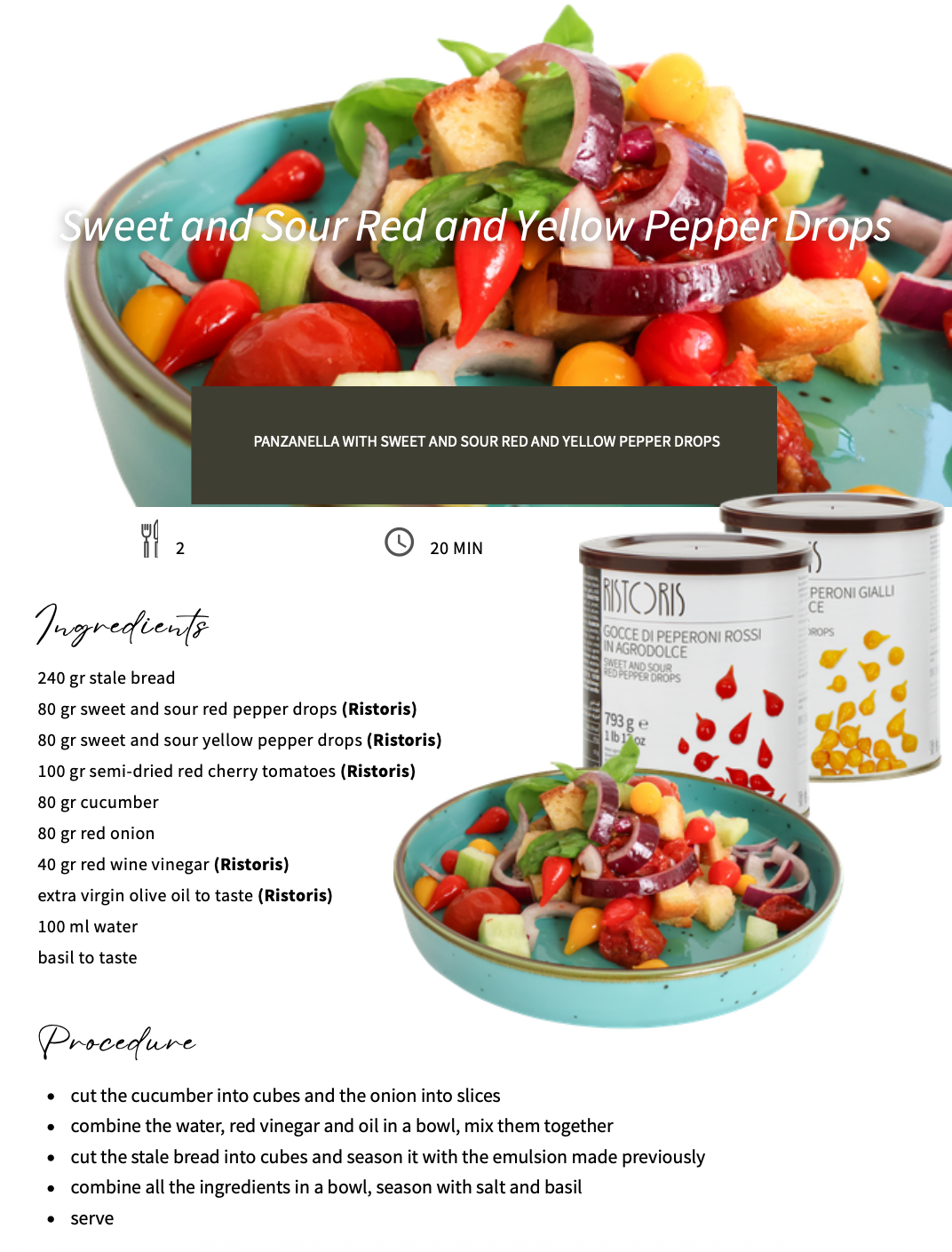 Panzanella salad with ingredients and recipe on a white background