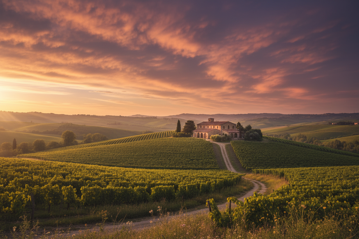 Vineyard with a house under a colorful sunset sky