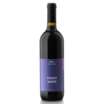 A bottle of Erste-Neue Pinot Nero red wine with a dark glass body, black cap, and a purple label with white text, set against a plain white background.