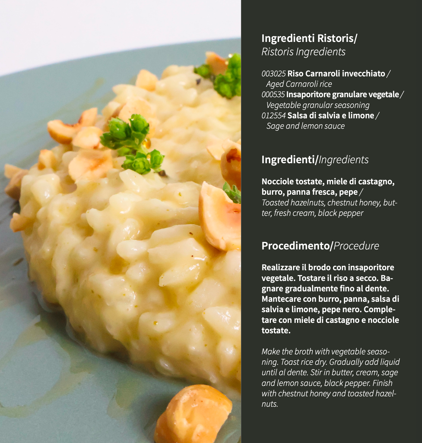 Risotto dish with ingredients listed on the side: carnaroli rice, sage and lemon sauce