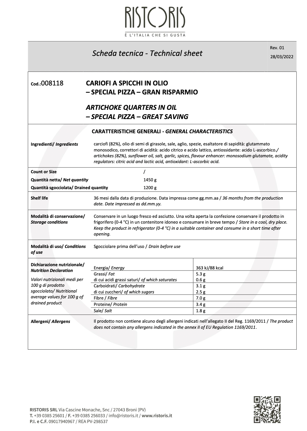 ristoris technical sheet artichoke quarters in oil