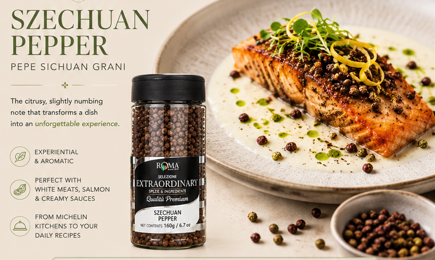 salmon grilled with sichuan pepper_szechuan pepper gourmet on a light background