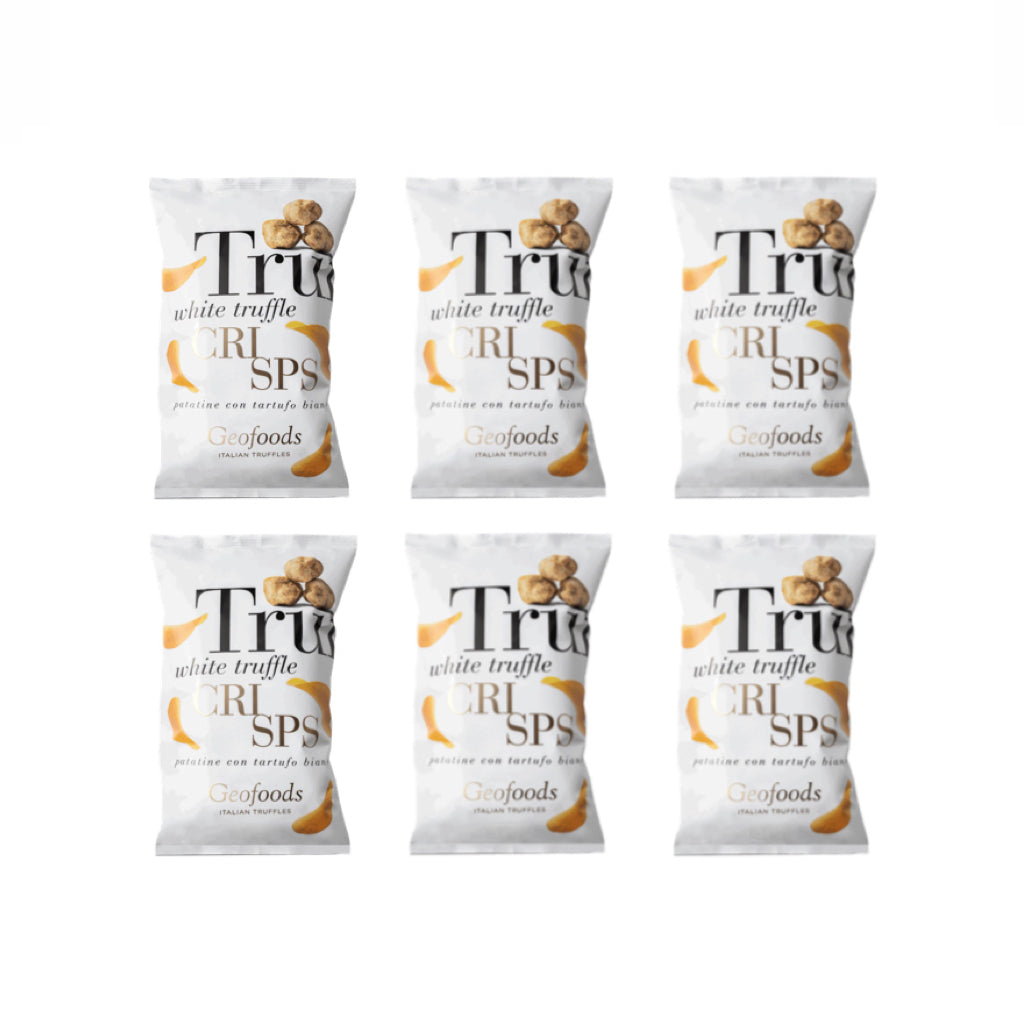 A pack of White Truffle Chips Crisps by Geofoods, featuring an image of the product and truffles on the front.