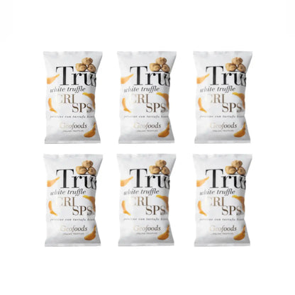 A pack of White Truffle Chips Crisps by Geofoods, featuring an image of the product and truffles on the front.
