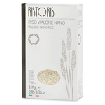 A 1 kg box of Ristoris Vialone Nano Rice, featuring a white packaging design with a dark gray spine, minimalist wheat illustrations, and a circular window showing the rice grains inside.