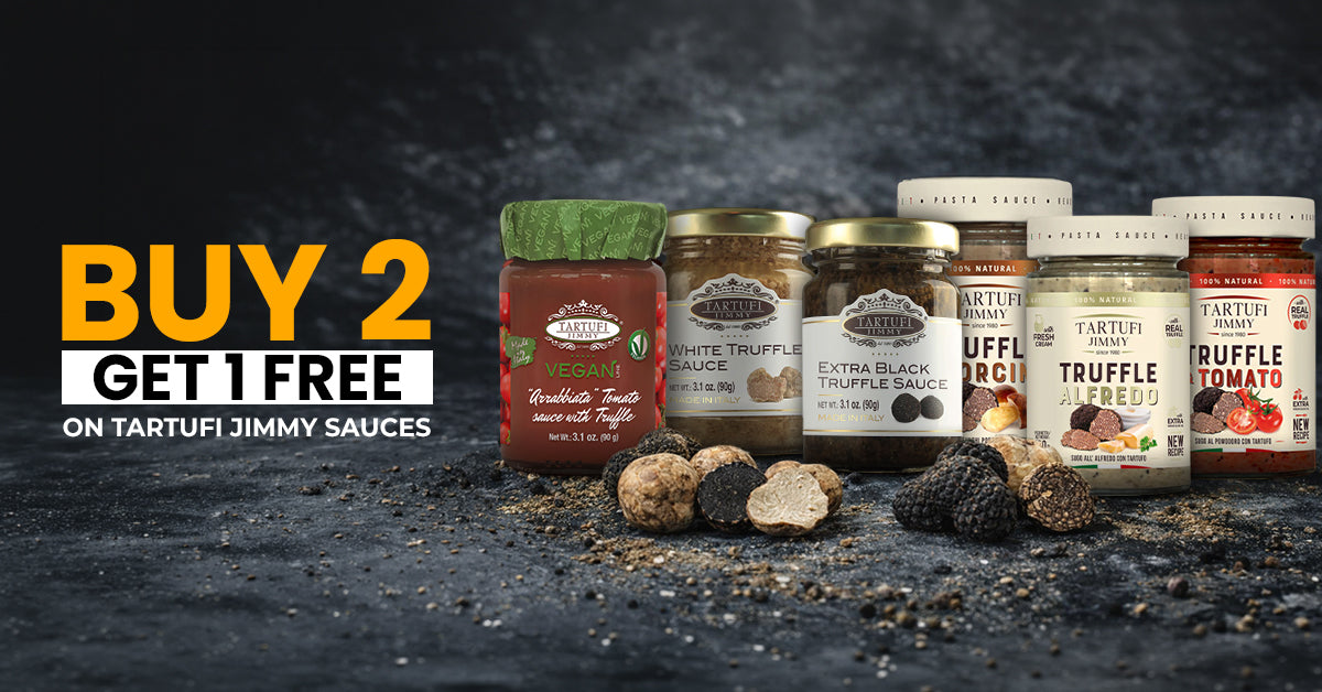 Collection of Tartufi Jimmy sauces with truffles on a dark background, featuring a promotional offer.
