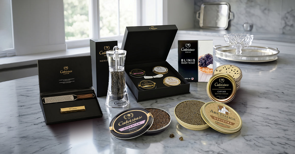 Collection of Caviar boxes and containers on a marble surface with a window in the background.