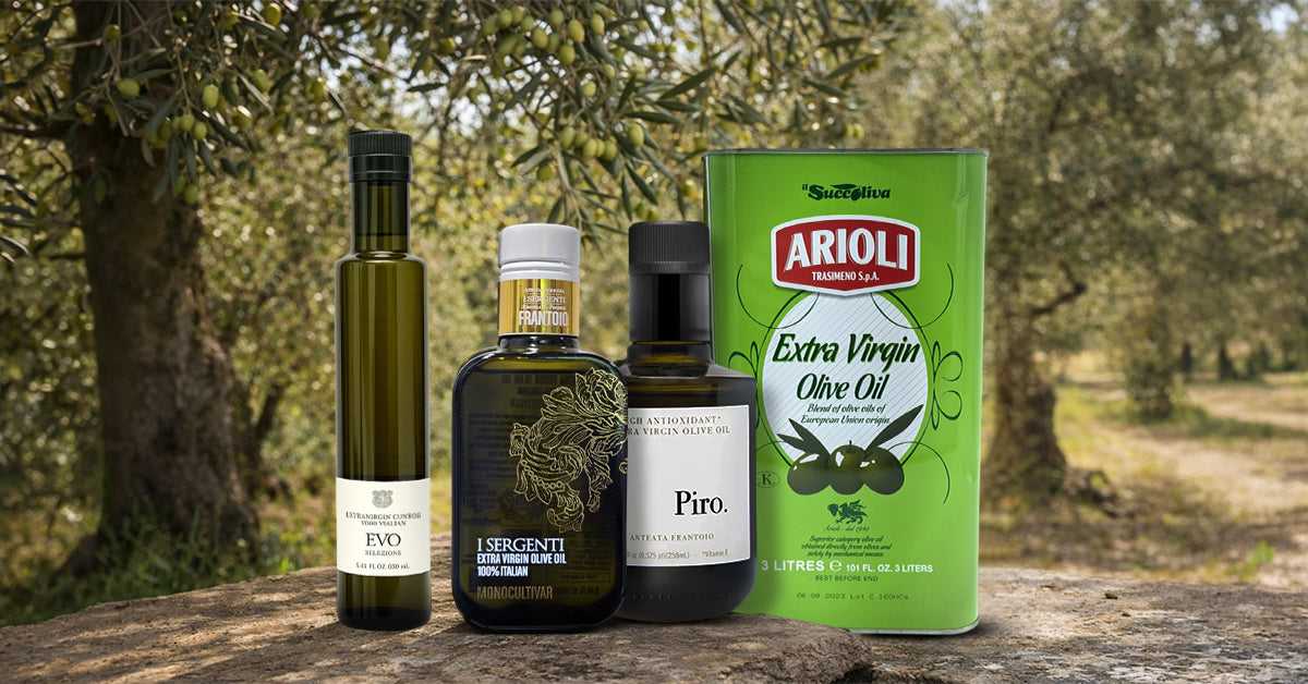 Olive oil bottles and a box with 'Arioli' branding against an olive grove background
