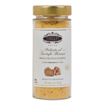 Jar of white truffle polenta with a gold lid on a white background