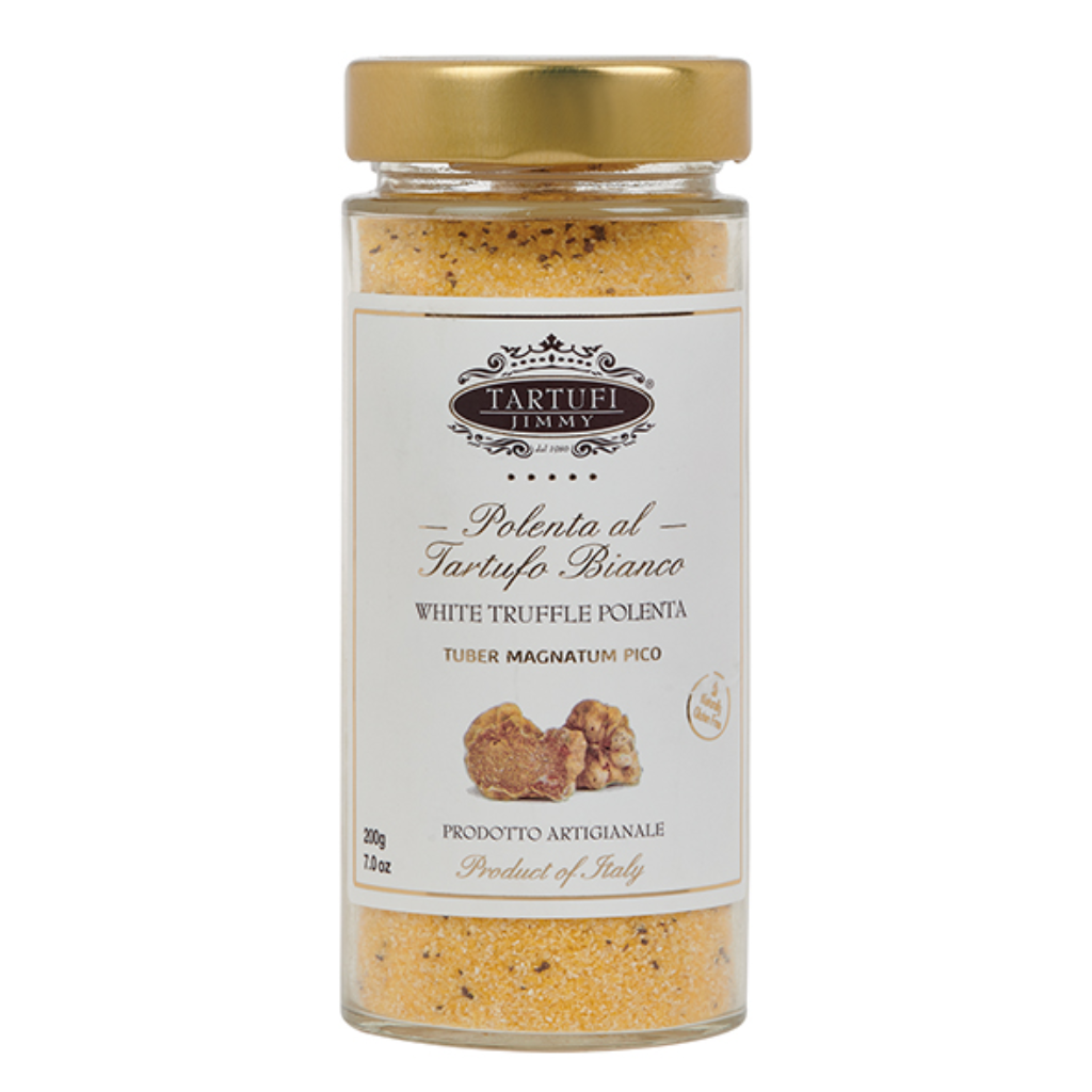 Jar of white truffle polenta with a gold lid on a white background