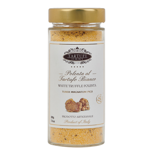 Jar of white truffle polenta with a gold lid on a white background