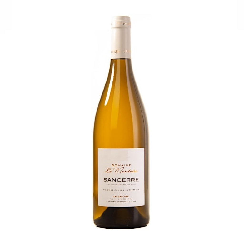 Bottle of Sancerre AOP Domaine Le Montoire white wine with a pale gold label and elderflower notes.